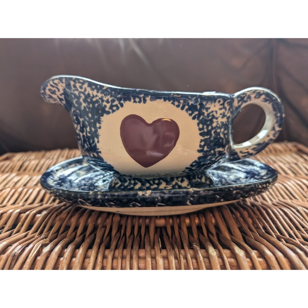 Vintage Ceramic Glazed Gravy Boat and Tray Cobalt Blue and White With Red Heart